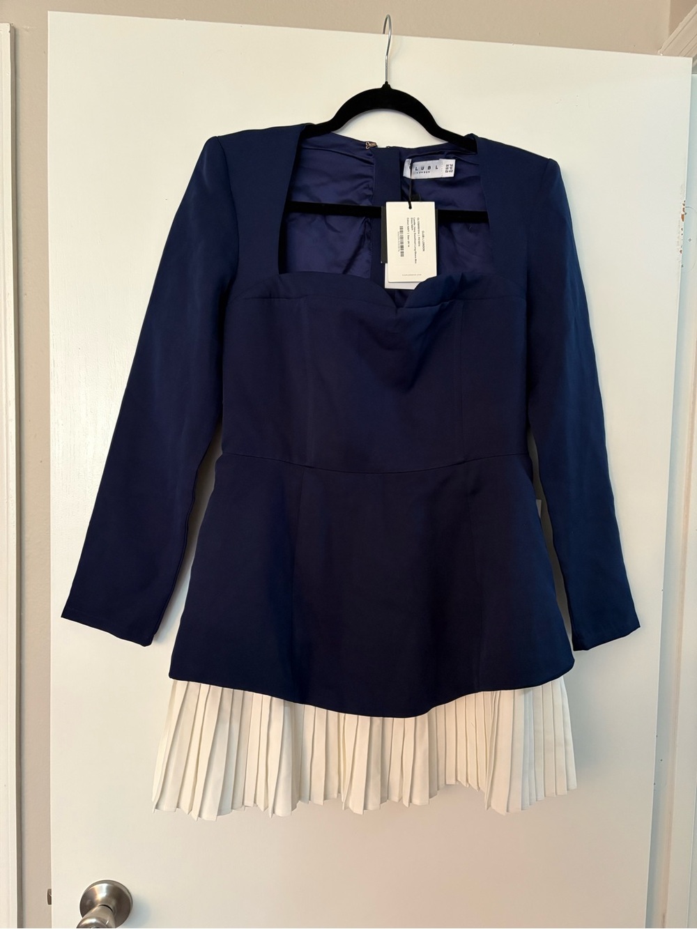 Square-Neck Navy Mini Dress with Cream Pleated Hem